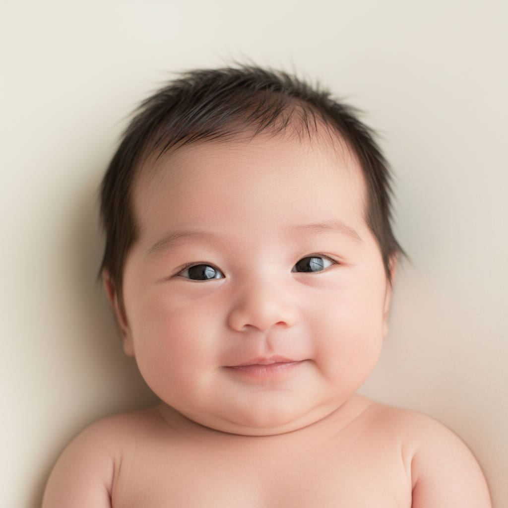 Portrait IA — bébé asiatique au sourire serein