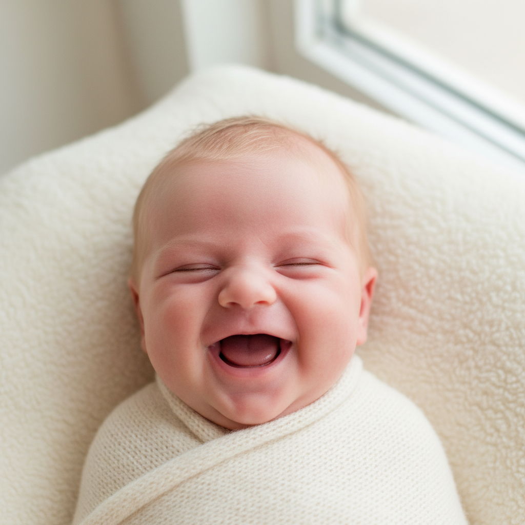 Portrait IA — bébé caucasien qui rit, généré à partir d'une échographie