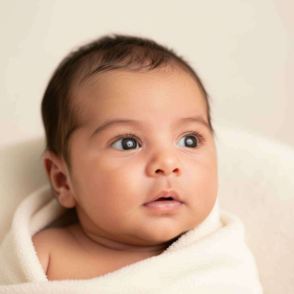 Portrait IA — bébé maghrébin au regard curieux