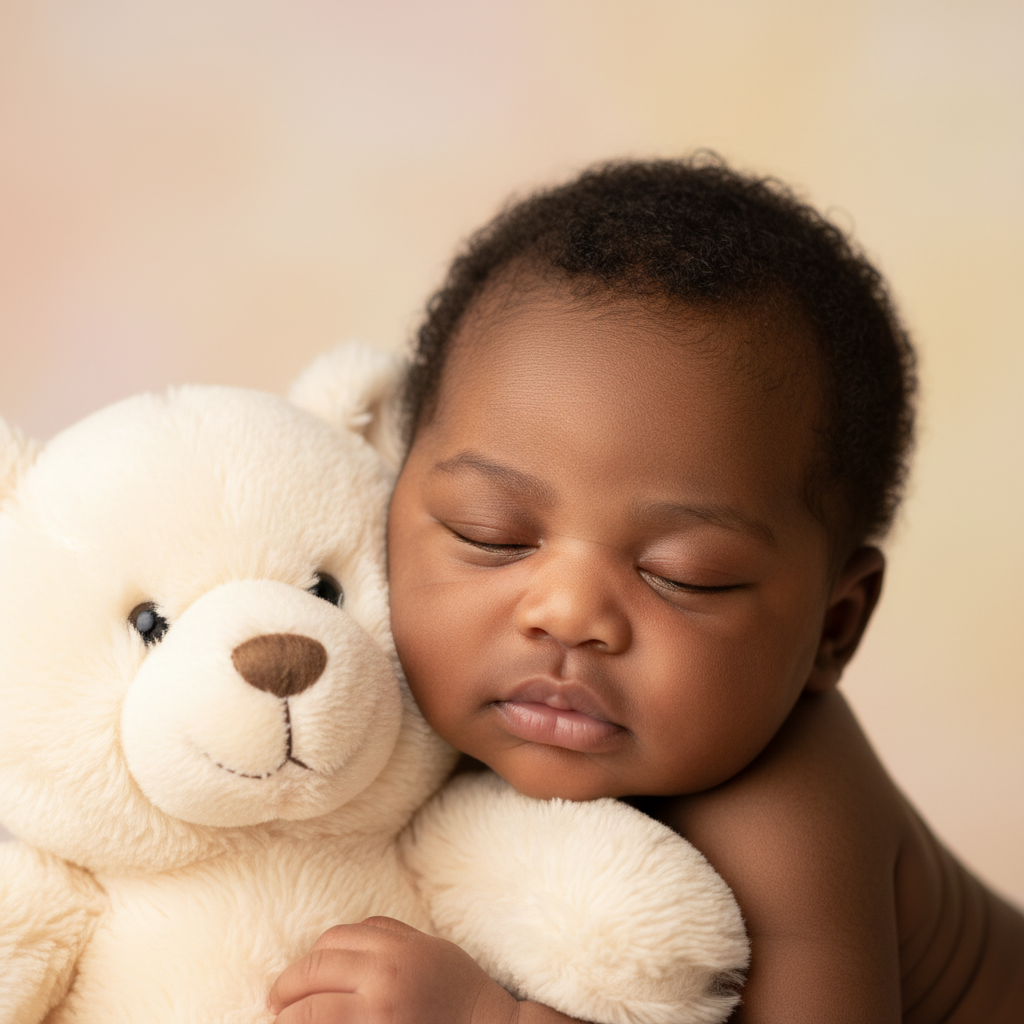 Portrait IA — bébé africain blotti contre son doudou